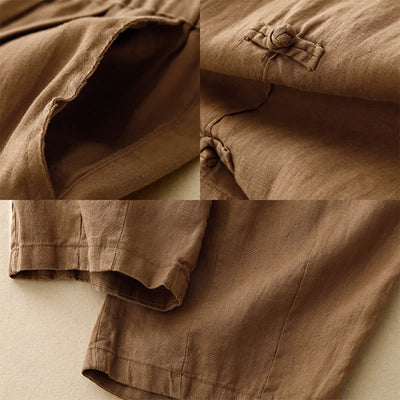 Pantalon harem décontracté pour femme Foviel, coupe 7/8 en coton et lin, design à boutons grenouille avec poches