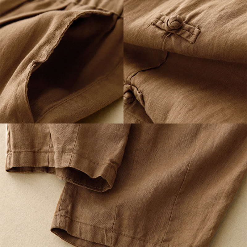 Pantalon harem décontracté pour femme Foviel, coupe 7/8 en coton et lin, design à boutons grenouille avec poches