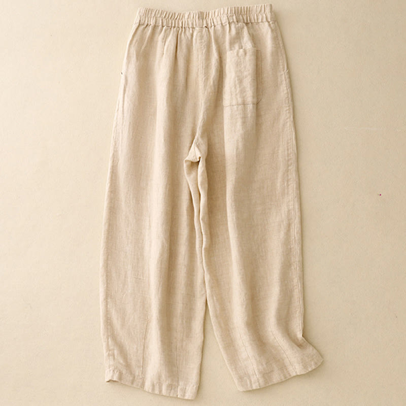 Pantalon harem décontracté pour femme Foviel, coupe 7/8 en coton et lin, design à boutons grenouille avec poches