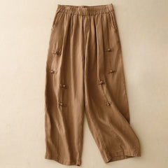 Pantalon harem décontracté pour femme Foviel, coupe 7/8 en coton et lin, design à boutons grenouille avec poches