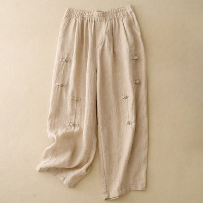 Pantalon harem décontracté pour femme Foviel, coupe 7/8 en coton et lin, design à boutons grenouille avec poches