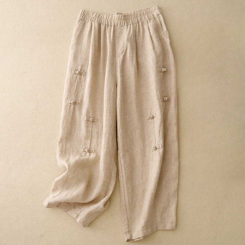 Pantalon harem décontracté pour femme Foviel, coupe 7/8 en coton et lin, design à boutons grenouille avec poches