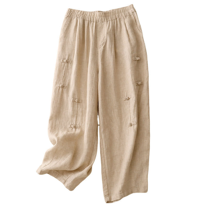 Pantalon harem décontracté pour femme Foviel, coupe 7/8 en coton et lin, design à boutons grenouille avec poches