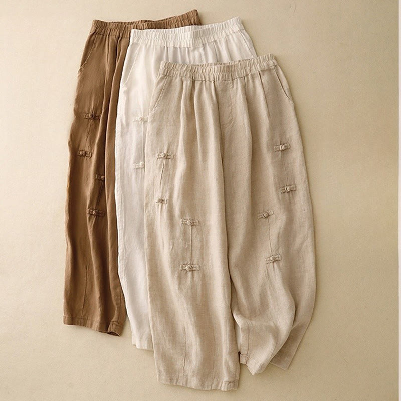 Pantalon harem décontracté pour femme Foviel, coupe 7/8 en coton et lin, design à boutons grenouille avec poches