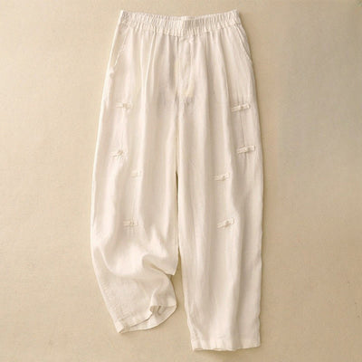 Pantalon harem décontracté pour femme Foviel, coupe 7/8 en coton et lin, design à boutons grenouille avec poches