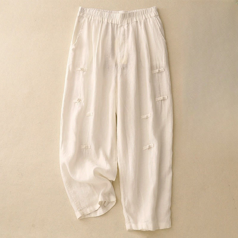 Pantalon harem décontracté pour femme Foviel, coupe 7/8 en coton et lin, design à boutons grenouille avec poches