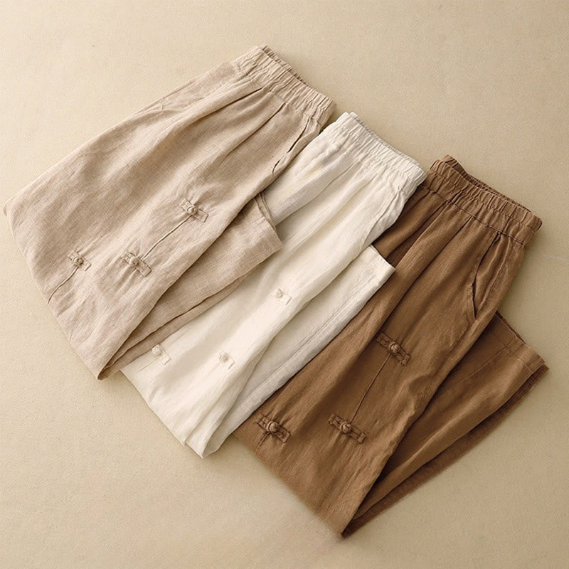 Pantalon harem décontracté pour femme Foviel, coupe 7/8 en coton et lin, design à boutons grenouille avec poches
