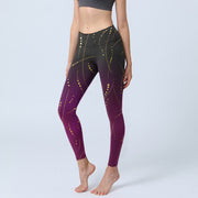 Foviel Abstract Gradient Thin And Long Gold Line Pattern Print Gym Leggings Women's Yoga Pants
