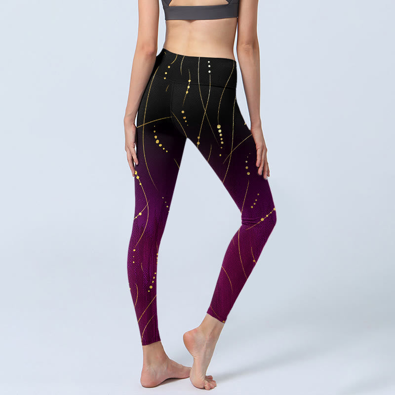 Buddha Stones Abstract Gradient Thin And Long Gold Line Pattern Print Gym Leggings Women's Yoga Pants - image 4