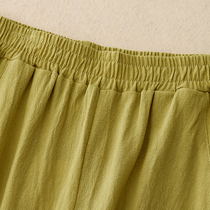 Foviel Daily Plain Elastic Waistband Cotton Linen Women's Pants With Pockets