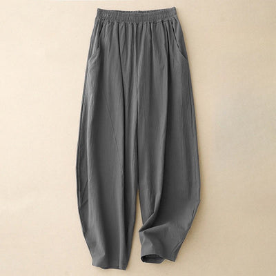 Foviel Daily Plain Elastic Waistband Cotton Linen Women's Pants With Pockets
