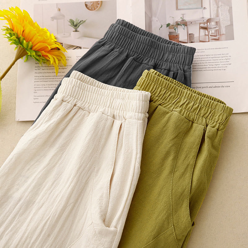 Foviel Daily Plain Elastic Waistband Cotton Linen Women's Pants With Pockets