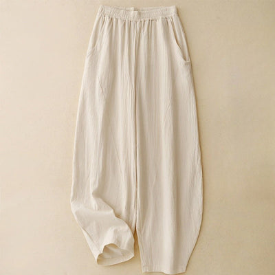 Foviel Daily Plain Elastic Waistband Cotton Linen Women's Pants With Pockets
