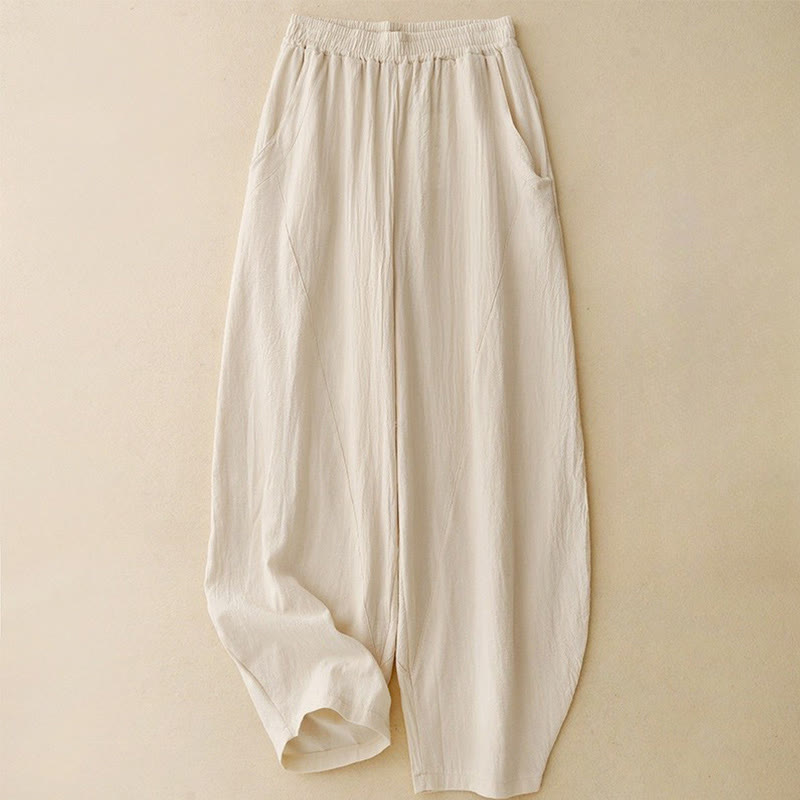 Foviel Daily Plain Elastic Waistband Cotton Linen Women's Pants With Pockets