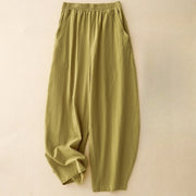 Foviel Daily Plain Elastic Waistband Cotton Linen Women's Pants With Pockets