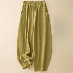 Foviel Daily Plain Elastic Waistband Cotton Linen Women's Pants With Pockets