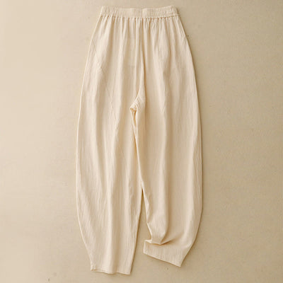 Foviel Daily Plain Elastic Waistband Cotton Linen Women's Pants With Pockets
