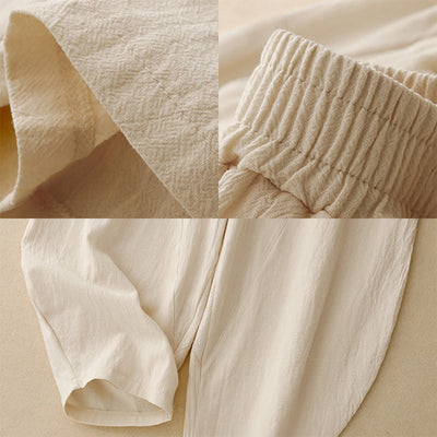 Foviel Daily Plain Elastic Waistband Cotton Linen Women's Pants With Pockets