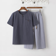 Foviel Summer 2Pcs Plain Short Sleeve T-Shirt 7-8 Length Pants Cotton Linen Tang Suit Men's Meditation Cloth Set With Pockets