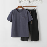 Foviel Summer 2Pcs Plain Short Sleeve T-Shirt 7-8 Length Pants Cotton Linen Tang Suit Men's Meditation Cloth Set With Pockets