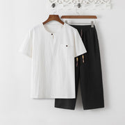 Foviel Summer 2Pcs Plain Short Sleeve T-Shirt 7-8 Length Pants Cotton Linen Tang Suit Men's Meditation Cloth Set With Pockets