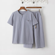 Foviel Summer 2Pcs Plain Short Sleeve T-Shirt 7-8 Length Pants Cotton Linen Tang Suit Men's Meditation Cloth Set With Pockets