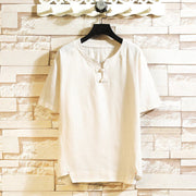 Foviel Summer Chinese Frog-button Men's Solid Color Button Short Sleeve Cotton Linen Shirt