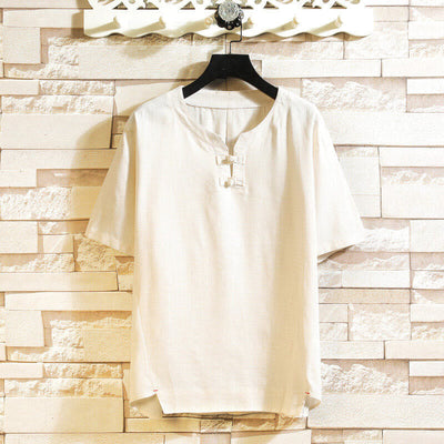 Buddha Stones Summer Chinese Frog-button Men's Solid Color Button Short Sleeve Cotton Linen Shirt - Beige - US/UK/AU46，EU56 (5XL) - image 11