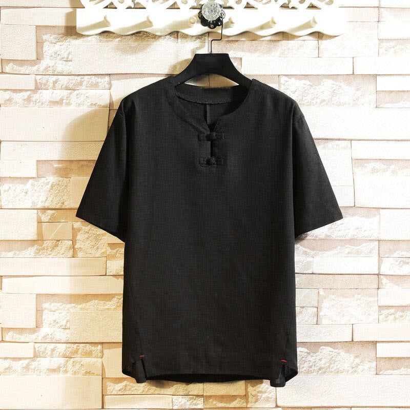 Buddha Stones Summer Chinese Frog-button Men's Solid Color Button Short Sleeve Cotton Linen Shirt - Black - US/UK/AU46，EU56 (5XL) - image 1