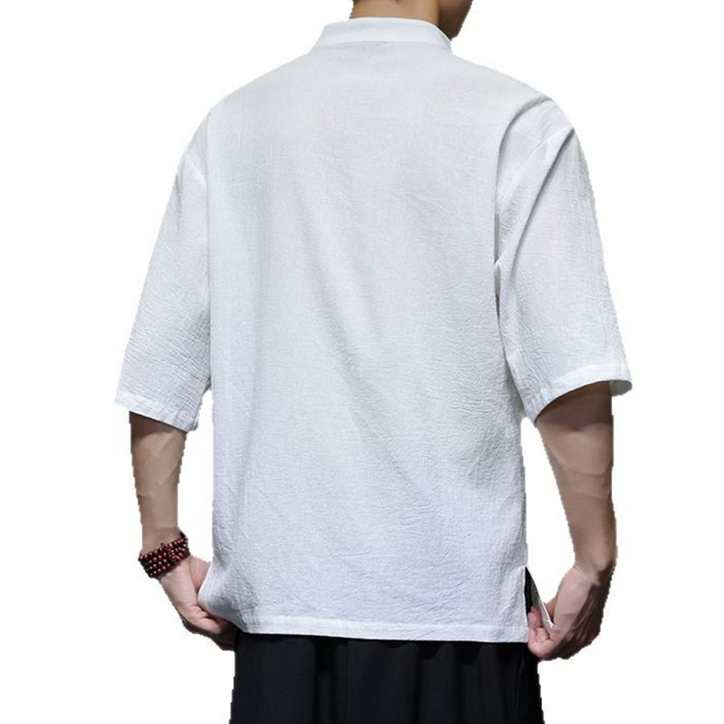 Buddha Stones Plain Chinese Frog-Button Stand Collar Cotton Linen Men's Half Sleeve Shirt - image 13