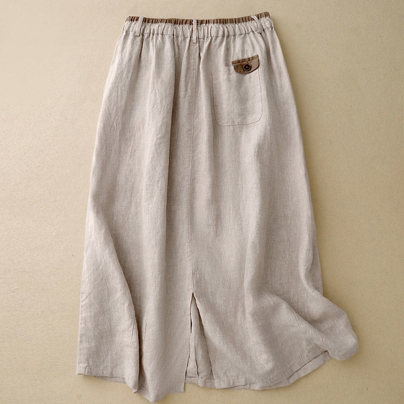 Jupe décontractée vintage pour femme Foviel en coton et lin, taille élastique, coupe unie avec fente latérale et poches
