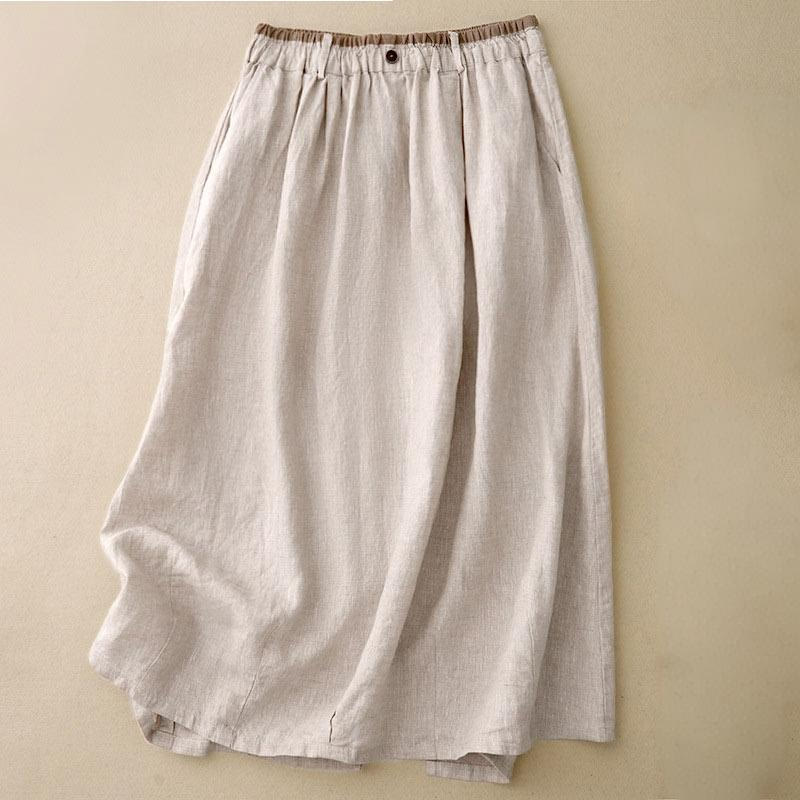 Jupe décontractée vintage pour femme Foviel en coton et lin, taille élastique, coupe unie avec fente latérale et poches