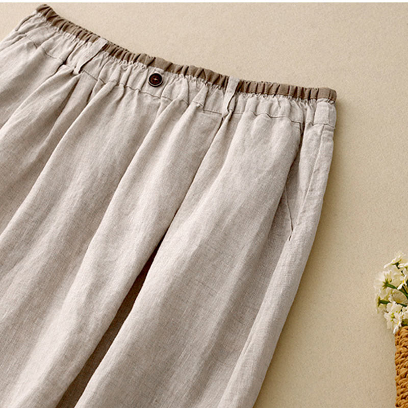 Jupe décontractée vintage pour femme Foviel en coton et lin, taille élastique, coupe unie avec fente latérale et poches