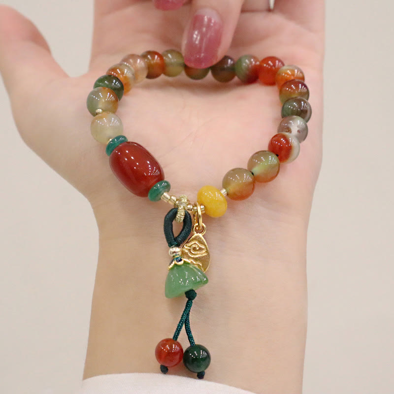 Foviel Natural Colorful Peacock Agate Chalcedony Ruyi As One Wishes Charm Courage Bracelet
