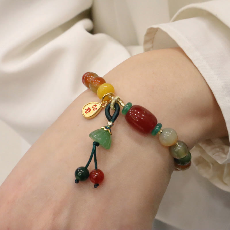 Foviel Natural Colorful Peacock Agate Chalcedony Ruyi As One Wishes Charm Courage Bracelet
