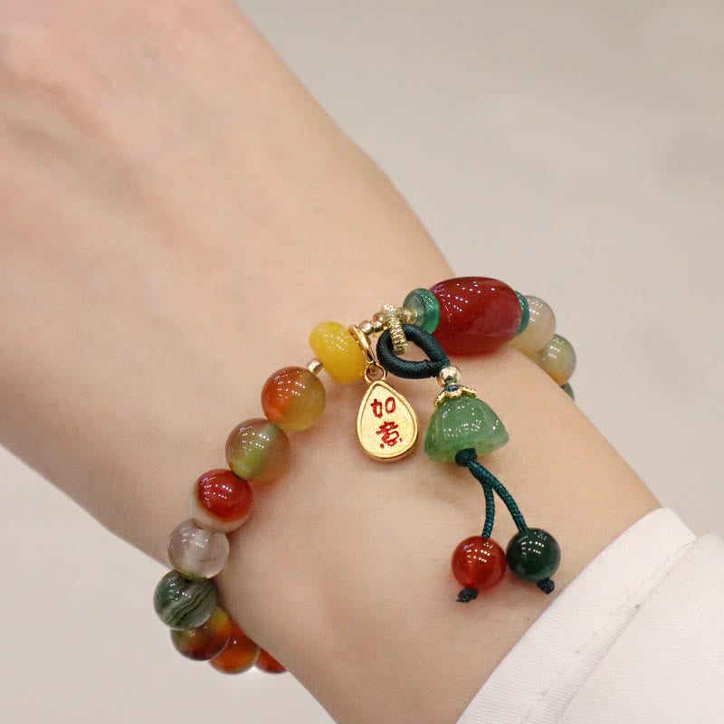 Foviel Natural Colorful Peacock Agate Chalcedony Ruyi As One Wishes Charm Courage Bracelet
