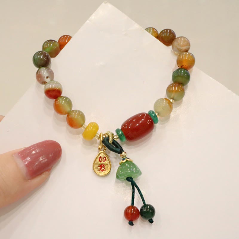 Foviel Natural Colorful Peacock Agate Chalcedony Ruyi As One Wishes Charm Courage Bracelet