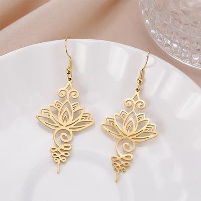 Boucles d'oreilles pendantes en acier inoxydable Foviel avec motif fleur de lotus d'éveil spirituel