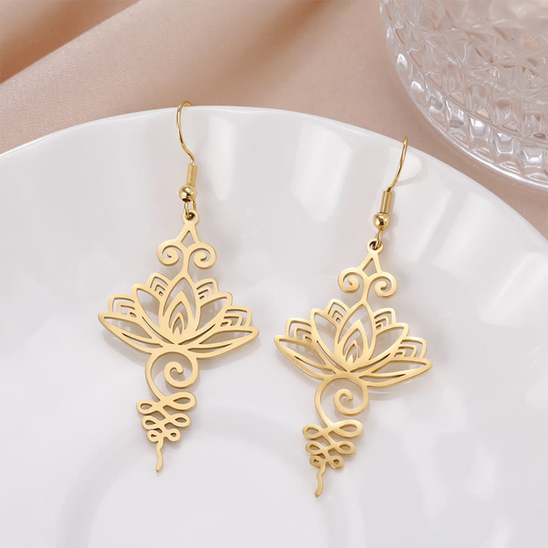 Boucles d'oreilles pendantes en acier inoxydable Foviel avec motif fleur de lotus d'éveil spirituel