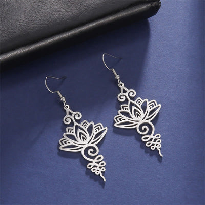 Boucles d'oreilles pendantes en acier inoxydable Foviel avec motif fleur de lotus d'éveil spirituel