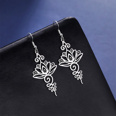 Boucles d'oreilles pendantes en acier inoxydable Foviel avec motif fleur de lotus d'éveil spirituel