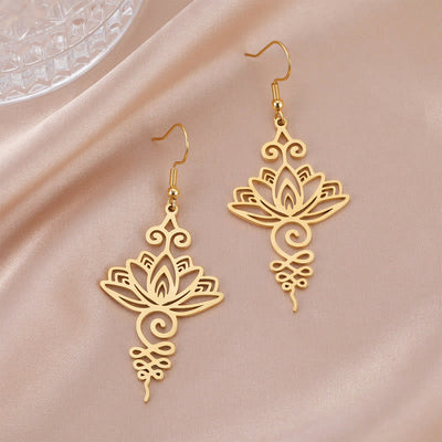 Boucles d'oreilles pendantes en acier inoxydable Foviel avec motif fleur de lotus d'éveil spirituel