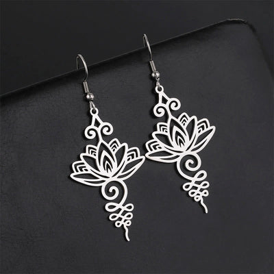 Boucles d'oreilles pendantes en acier inoxydable Foviel avec motif fleur de lotus d'éveil spirituel