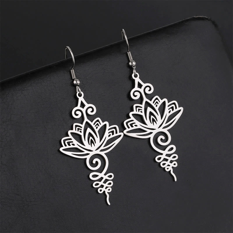 Foviel Hollow Lotus Flower Stainless Steel Enlightenment Metal Drop Earrings