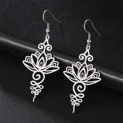 Boucles d'oreilles pendantes en acier inoxydable Foviel avec motif fleur de lotus d'éveil spirituel
