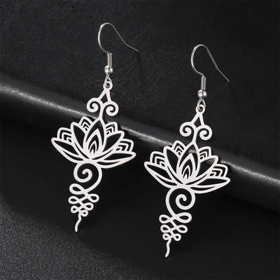 Boucles d'oreilles pendantes en acier inoxydable Foviel avec motif fleur de lotus d'éveil spirituel