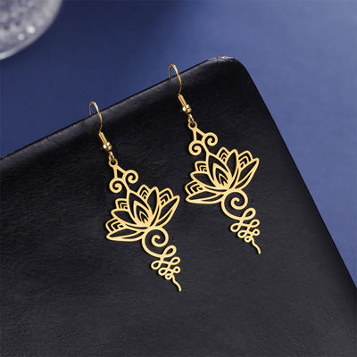 Boucles d'oreilles pendantes en acier inoxydable Foviel avec motif fleur de lotus d'éveil spirituel