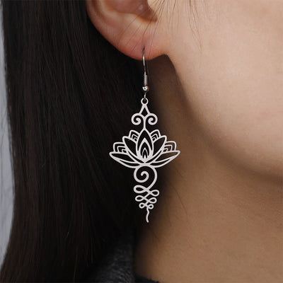 Boucles d'oreilles pendantes en acier inoxydable Foviel avec motif fleur de lotus d'éveil spirituel