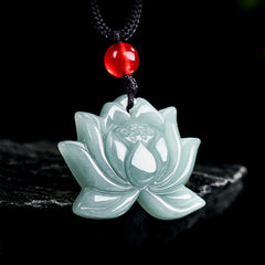 Foviel Lotus Flower Pattern Carved Jade Prosperity Necklace Pendant