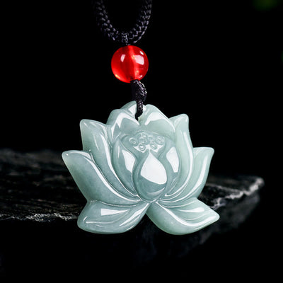 Foviel Lotus Flower Pattern Carved Jade Prosperity Necklace Pendant